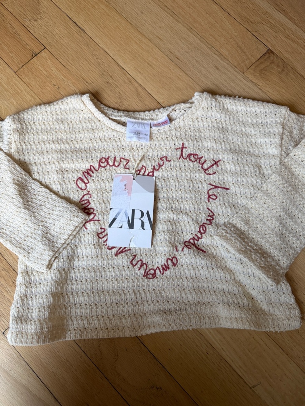 Zara Cream Waffle Knit Long-Sleeve Top with Pink Heart Script